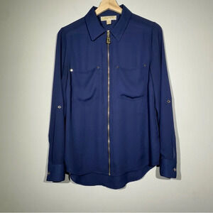 MICHAEL KORS Royal Blue Gold Zip Front Rolled Sleeves Tunic Blouse Size M